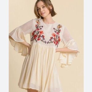 Umgee Cream Dress with Red & Purple Floral Embroidery